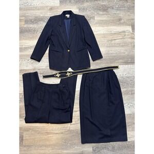 1980s Vintage Navy Blue 4 Piece Wool That's Me Suit, W/ Belt Size Lg